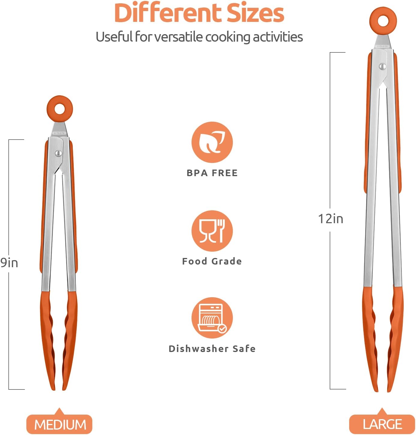 600ºF Heat Resistant Kitchen Tongs: U-Taste 9+12 inch Silicone Cooking Tong Set with Firm Sealed Non Stick Rubber Tips and Silicon Coated 18/8 Stainless Steel Handle for Serving Grilling Salad(Orange)