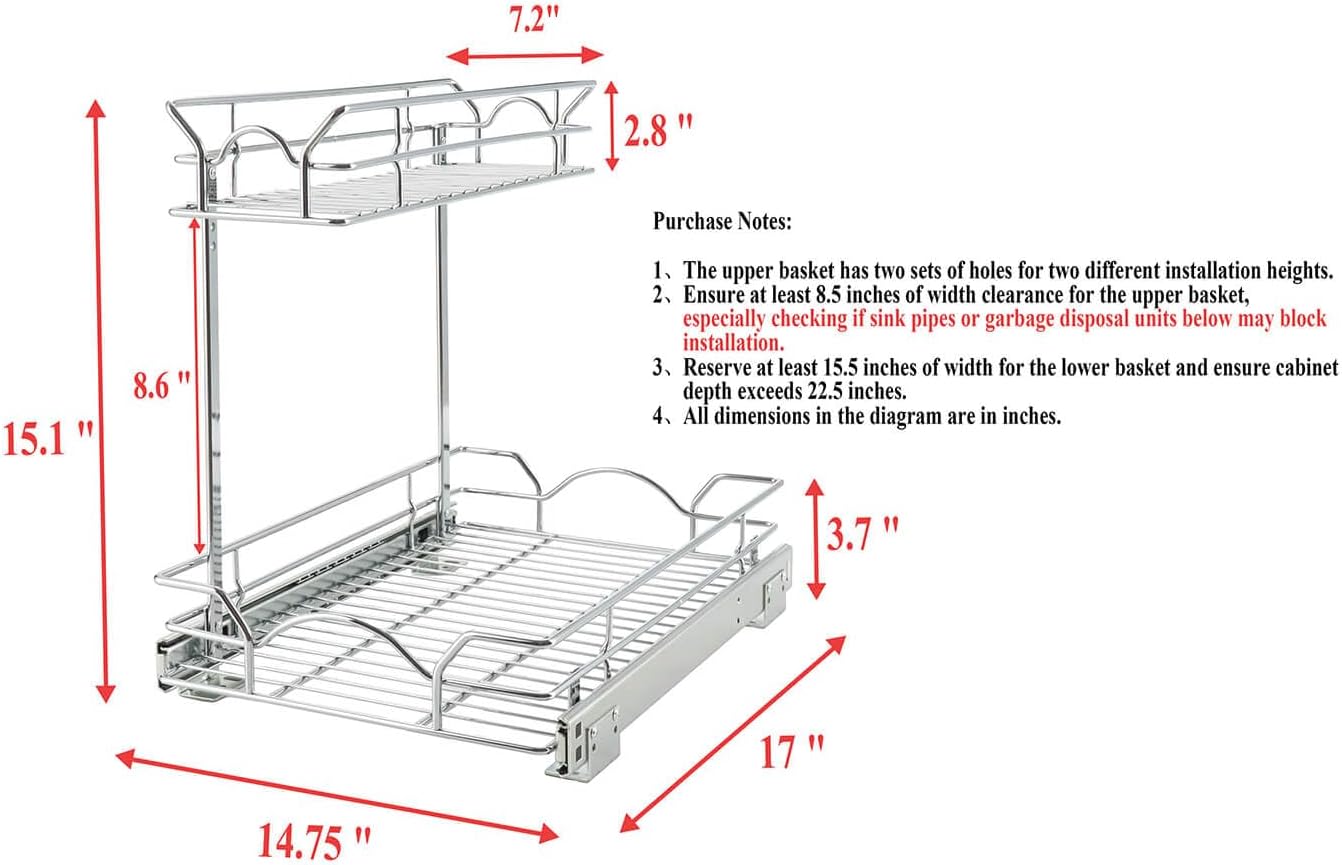 OCG Under Sink Cabinet Organizer Two Tier Pull Out Shelf (14.75W x 21D), Under Sink Sliding Shelf for Kitchen Bathroom Cabinet 2 Tier Chrome