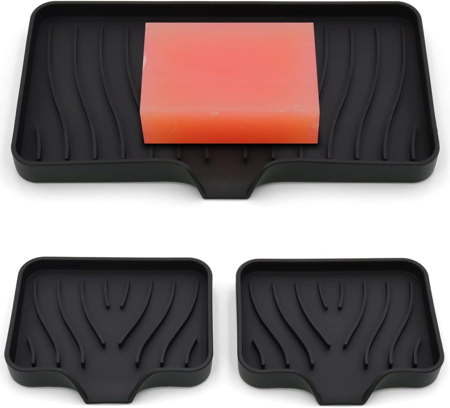 3-Pack Silicone Soap Dish, Sponge Holder for Sink, Kitchen Soap Tray, Bathroom Soap Holder, Sponge Tray with Drain (Black)
