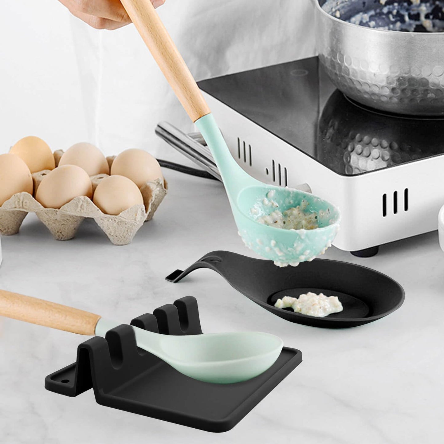 Kitchen Silicone Utensil Rest with Drip Pad-BPA-Free Heat-Resistant Spoon Rest for Stove Top - Spoon Rest for KitchenCounter - Kitchen Gadgets &Grill Utensil Holder-Black 3 Pcs