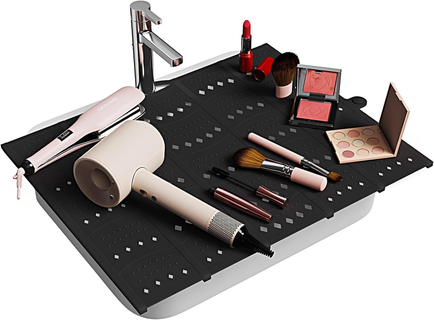 Bathroom Sink Cover for Counter Space, Sink Mat Foldable Sink Cover, Silicone Makeup Organizer Mat Space Saver, Small Bathroom & Rv Camper Travel Must Haves Accessories, Black