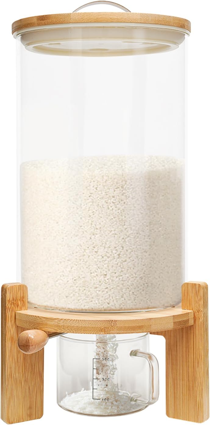 CNCEST Flour and Cereal Container, Glass Rice Dispenser, Countertop Cereal Dispenser with Measuring Cup, Airtight Lid & Wooden Stand for Storing Rice, Flour, Nuts, Coffee Beans (7.5L/1.98Gal)