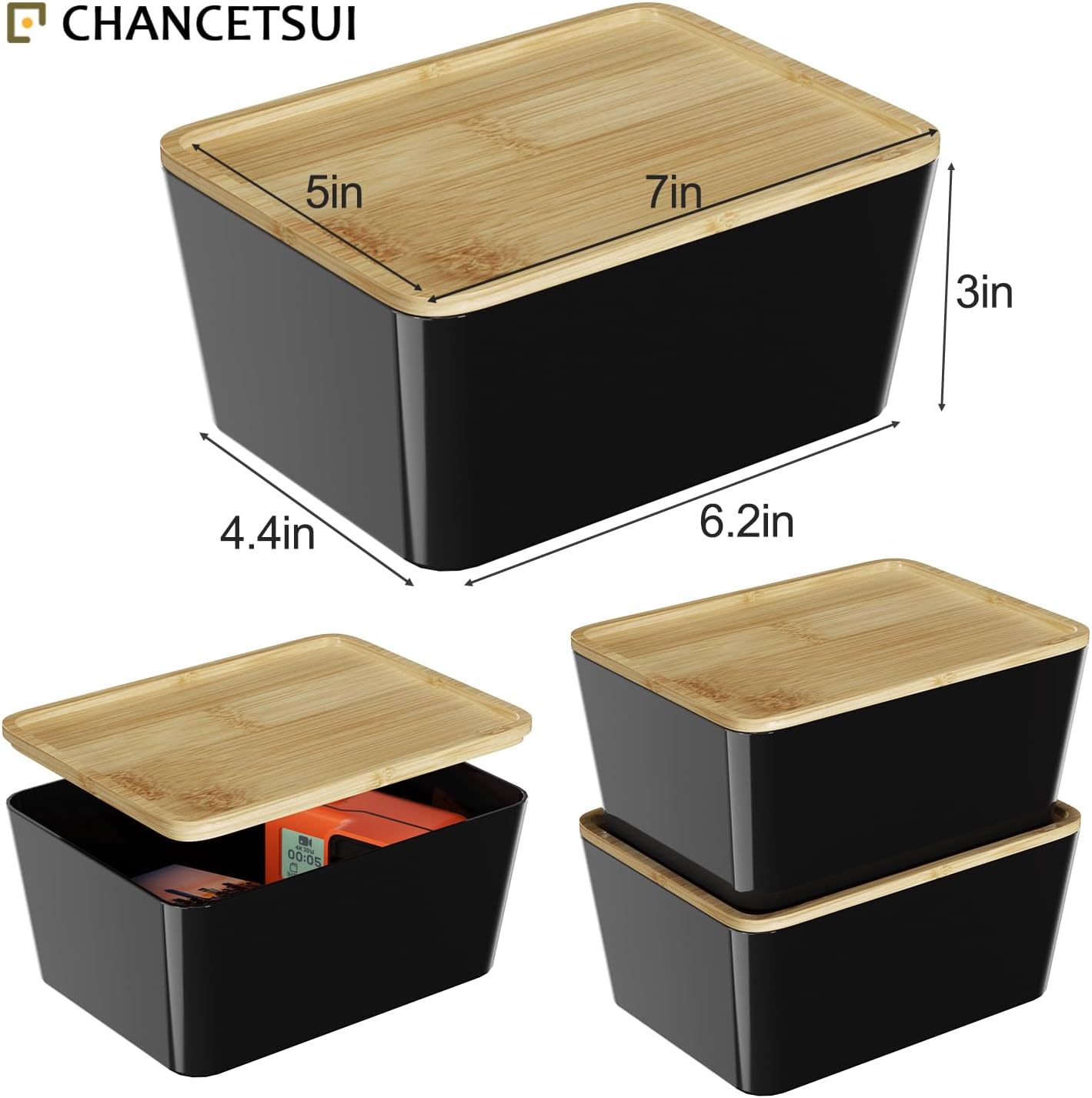 CHANCETSUI Stackable Storage Bins lids For Workplace: 5X7 Black Storage bins, Office Desk Accessories Storage Containers with Lids, Stackable Bins for Home and Office Organization, bamboo Lid, 2 Pack