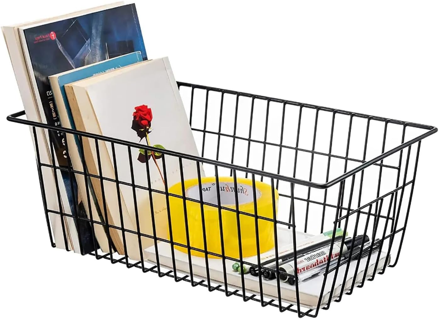 Redrubbit Wire Storage Baskets, Large Farmhouse Metal Freezer Basket Storage Organizer Bins with Handles for Kitchen Cabinets, Pantry, Closets, Bedrooms, Bathrooms, Set of 2, Black