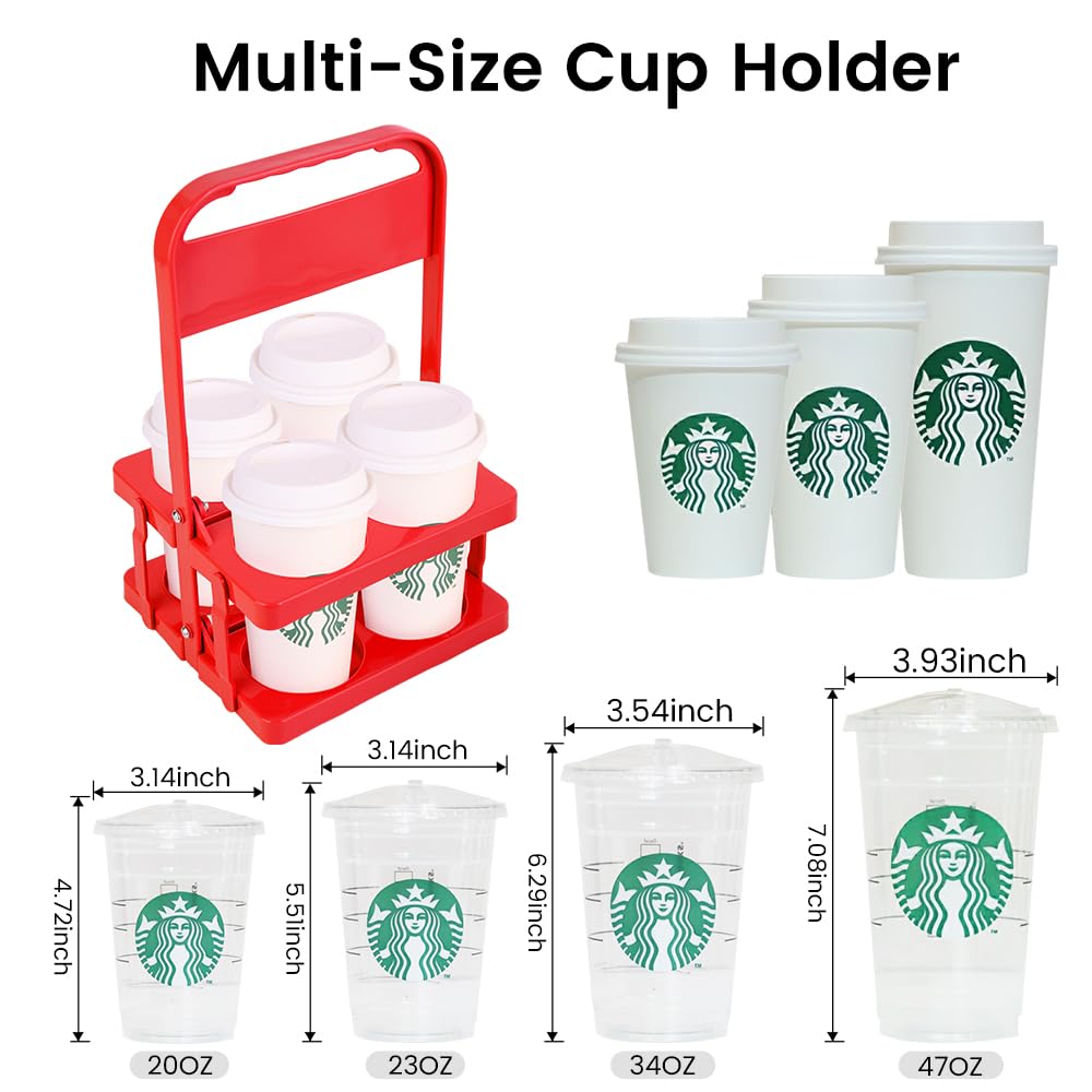 Bodaon 4 Cup Drink Carrier with Handle, Plastic Cup Carriers for Drinks, Drink Holder for Car, GrubHub/Eats Doordash Accessories, Portable Foldable Reusable Mobile, Use for Food Delivery Bag, Red