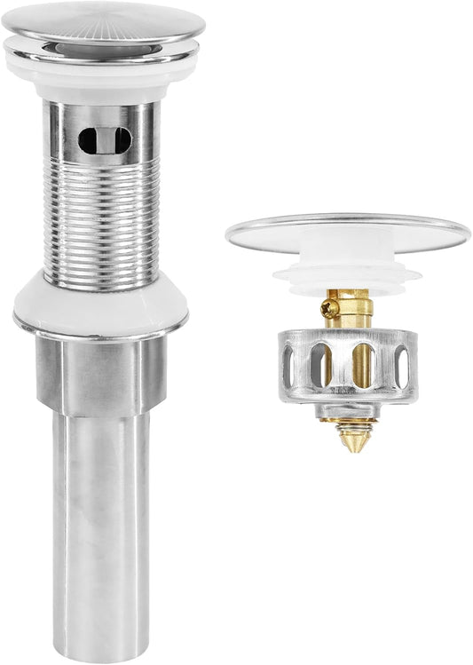 Bathroom Sink Drain,Drain Stopper Bathroom Sink with Overflow,Pop Up Drain Assembly with Detachable Strainer Basket,Built-in Anti-Clogging, Stainless Steel Nut Brushed Nickel