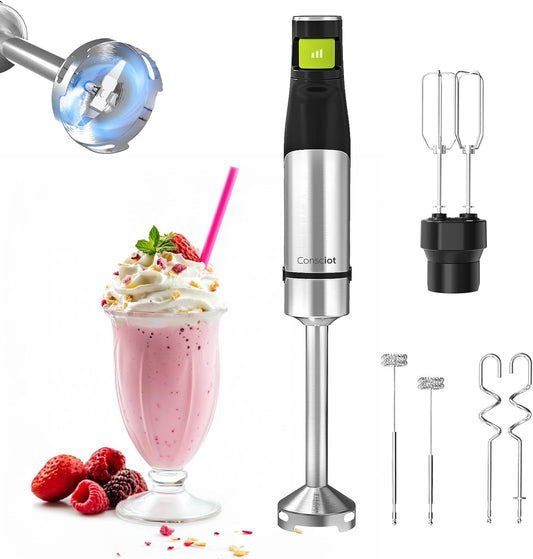 Consciot 4-in-1 Immersion Blender Handheld Max 1100W, Corded Stick Emulsifier with Entire Stainless Steel Blender Shaft, Trigger Speed Control, For Blending, Beating, Frothing, Mixing & More, Non-BPA