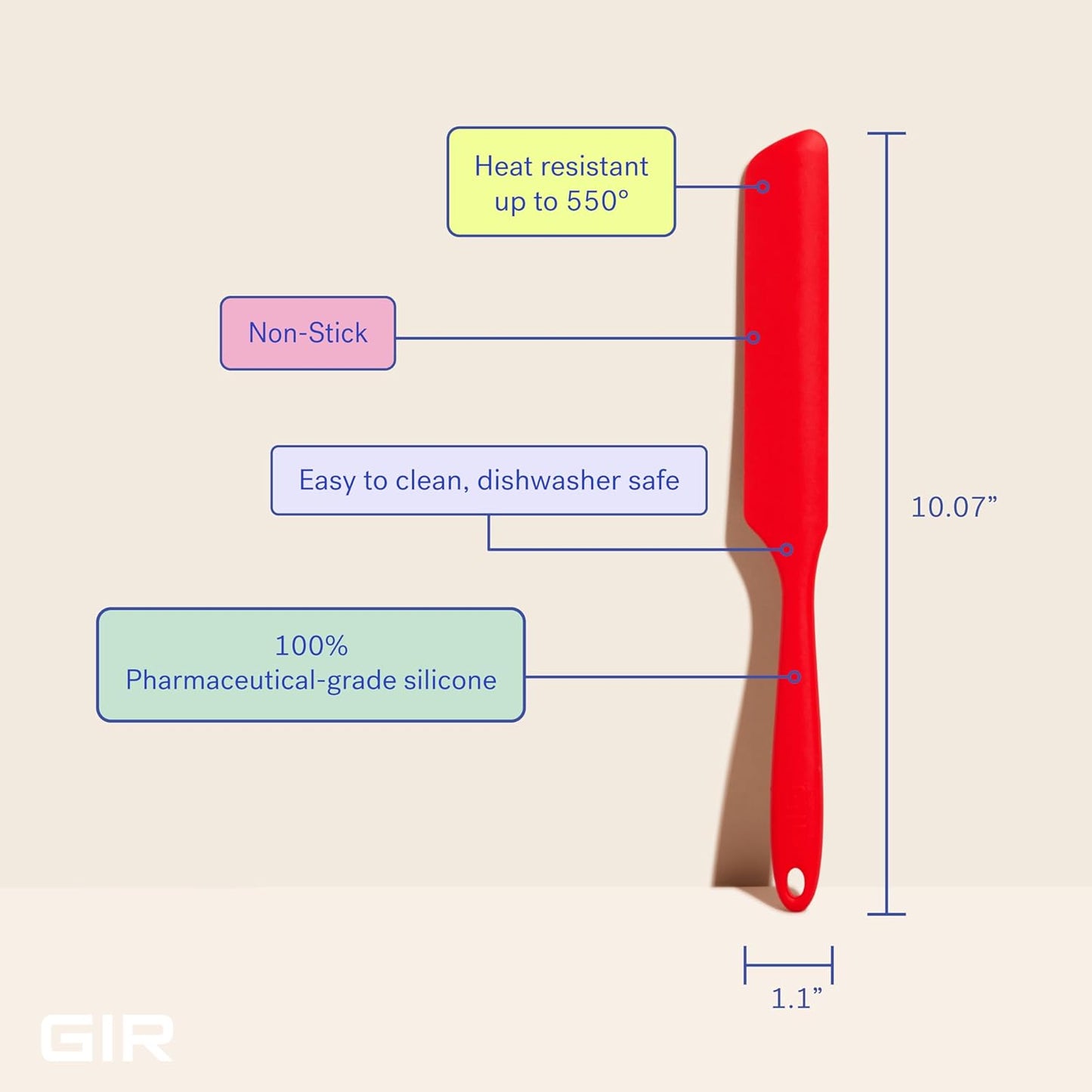 GIR: Get It Right Silicone Scraper Spatula - 10.07In x 1.7In - Red - Heat-Resistant to 425°F & Dishwasher Compatible - Silicone Icing Spreader & Butter Spreader - Ergonomic Handle