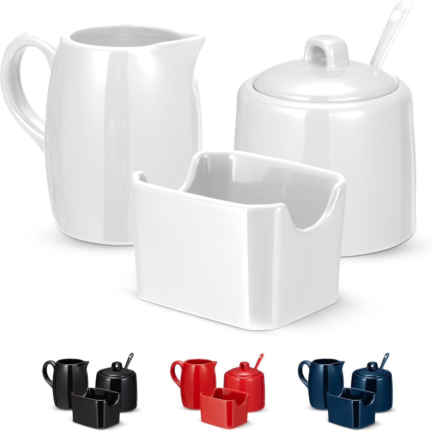 KooK Sugar and Creamer Set, 3 Piece, Pitcher, Sugar Bowl with Lid and Spoon, Sweetener Holder (White)