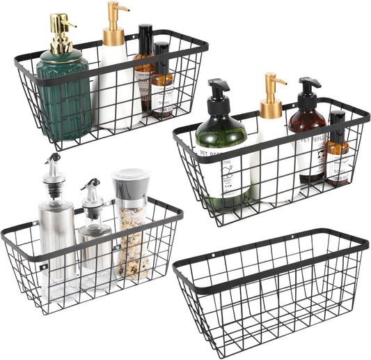 LeleCAT Hanging Kitchen Baskets, Wall-Mounted Basket for Storage Organization Rustic Farmhouse Decor, No Drilling Adhesive Basket for Cabinet Pantry Organization and Kitchen,4 Pack, Black