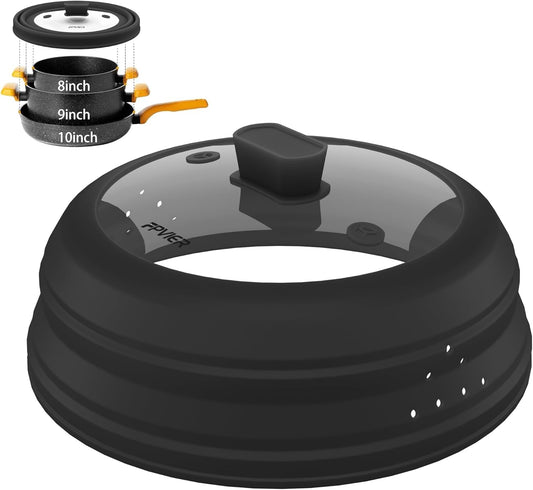 Microwave Splatter Cover, Collapsible Silicone Microwave Plate Cover with Glass for Food, Splatter Guard Lid 10.8 inch Black