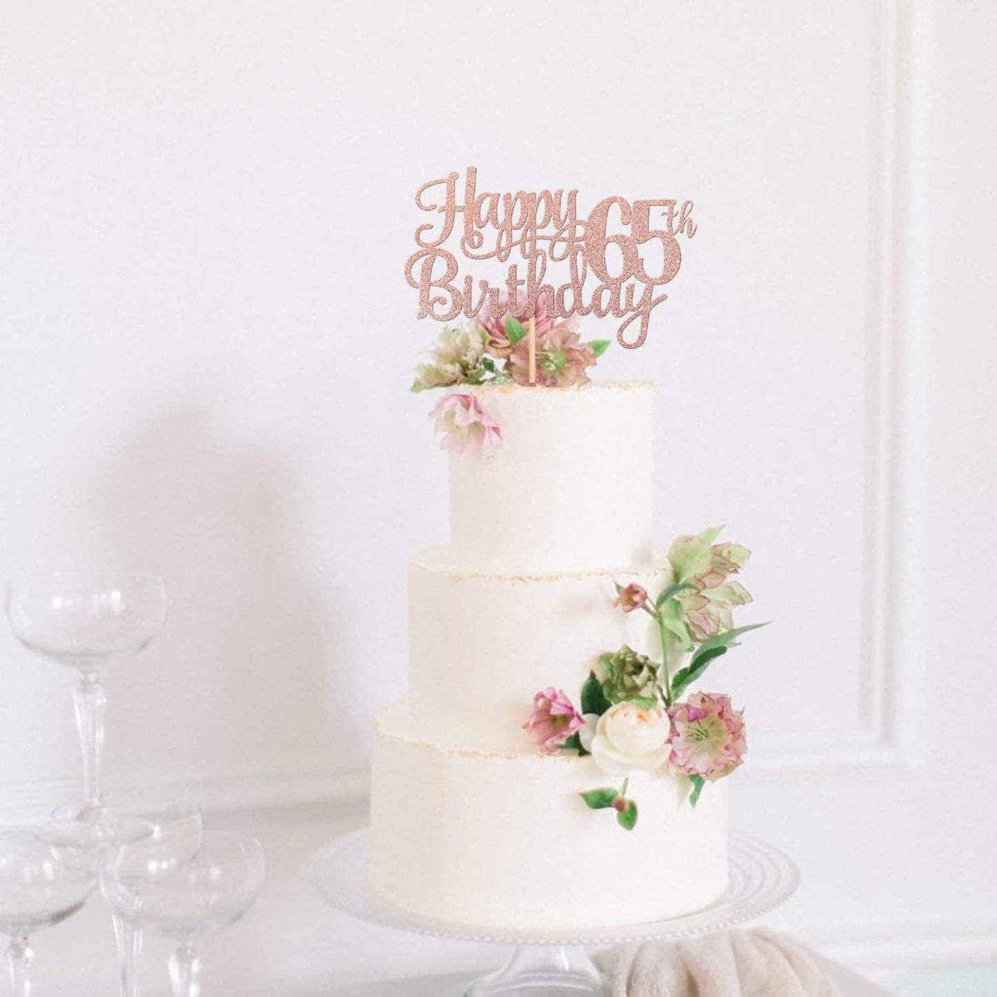 1 PCS Happy 65th Birthday Cake Topper Glitter Cheers to 65 Years Birthday Cake Pick 65 Fabulous Cake Decoration for Happy 65th Birthday Theme Party Decorations Supplies Rose Gold