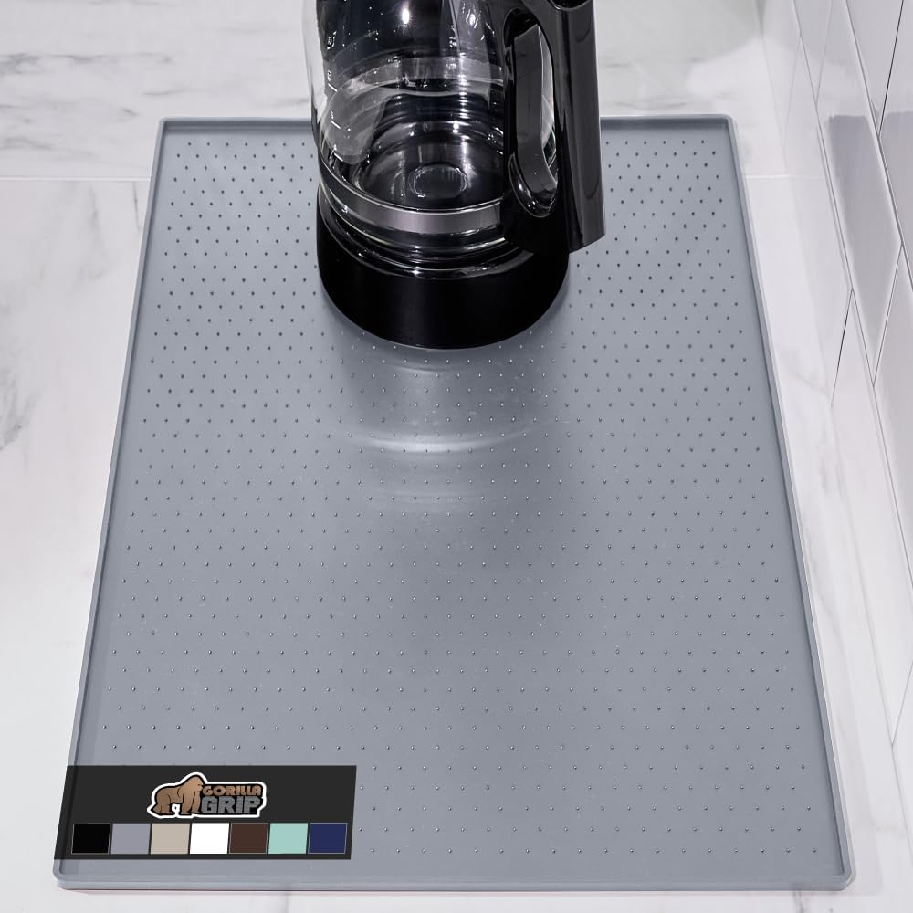 GORILLA GRIP Silicone Coffee Mat, Espresso Drink Bar Station Accessories, Use Under Machine, Waterproof Heat Resistant Multi-Use Dish Drying Mats, Stays in Place, Kitchen Home Decor, 11.5x18.5, Gray