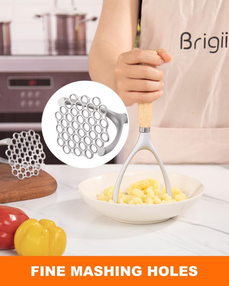 Brigii Potato Masher with Wooden Handle, Manual Potato Press for Kitchen Tool, Aluminum Alloy Potato Ricer For Fluffy Mashed Potato