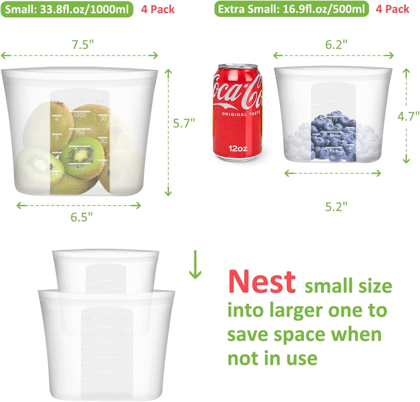 Reusable Sandwich & Snack Bags, 8 Pack 100% Silicone Stand Up Zip Lock Food Storage Bags for Food Container, Freezer Microwave Oven Dishwasher Safe, 4 Small 4 Extra Small, Translucent