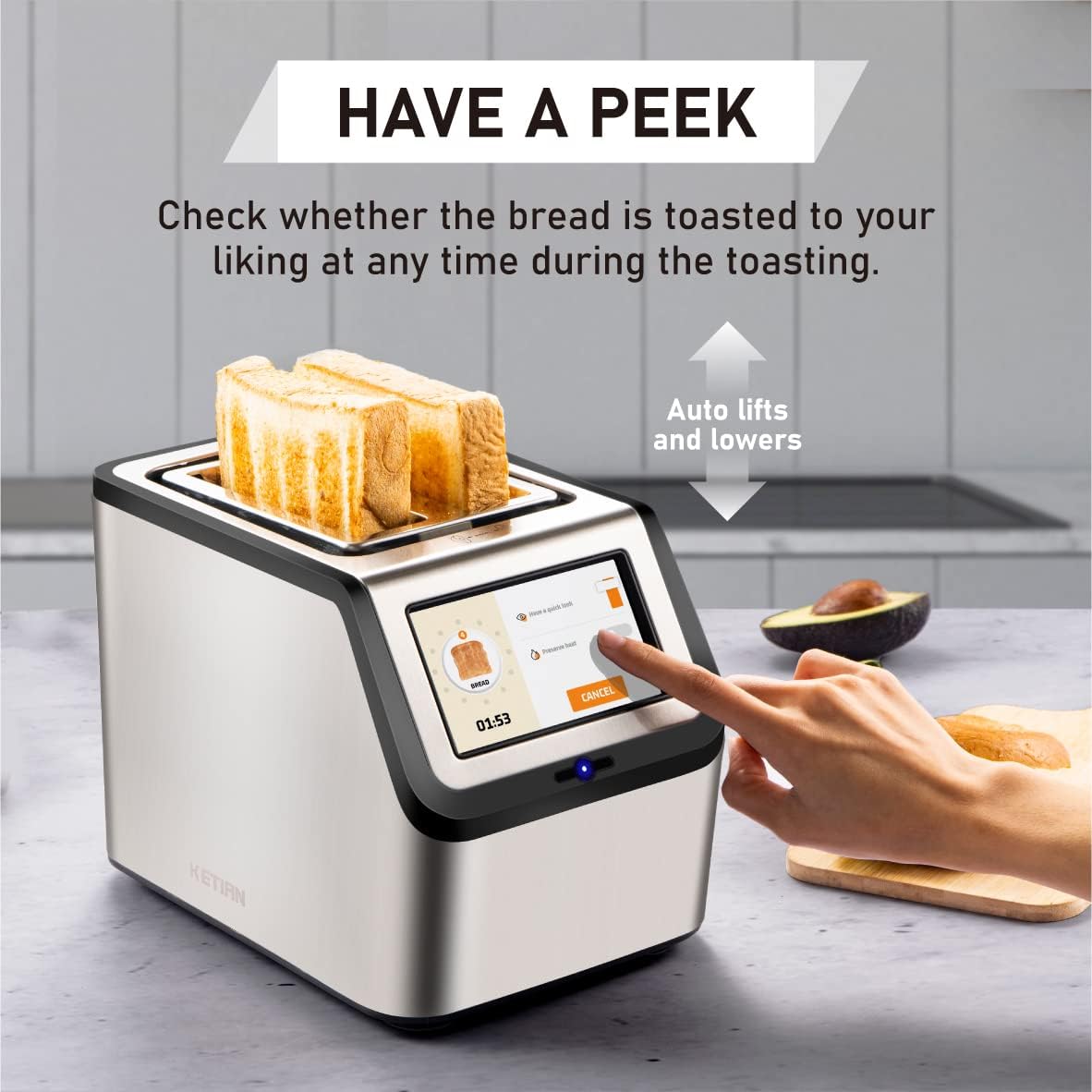 Smart Toaster, KETIAN Touch Screen 2 Slice,High-speed Automatic Settings, Bagel English Muffins Toast Pastry Waffles Bread Toaster,Stainless Steel