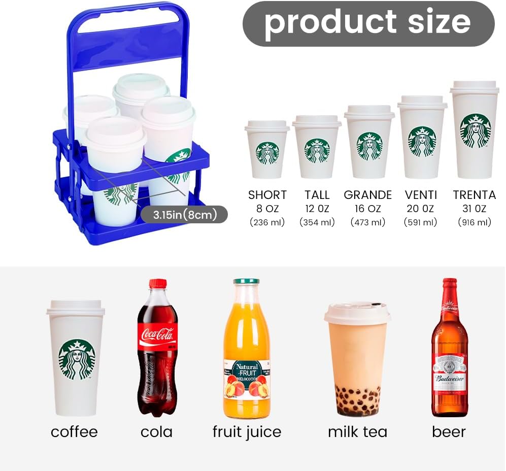 Musbus Reusable Drink Carrier with Handle for Doordash, Grubhub, Portable Cup/Coffee Holder Accessories for Delivery, Foldable Drinks Caddy with Tray, Car Durable Plastic Festive Bottle, Vacation