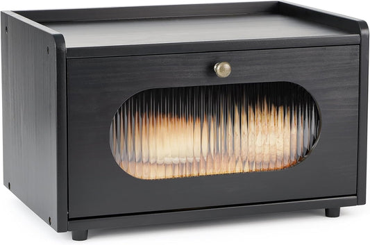 Sunhoo Bread Box for Kitchen Countertop Storage Wooden Breadbox Holder Container Morden Rustic Fresh Bread Keeper Farmhouse Stackable Organizer Bin for Homemade Food Shelf Acrylic Window (Black)