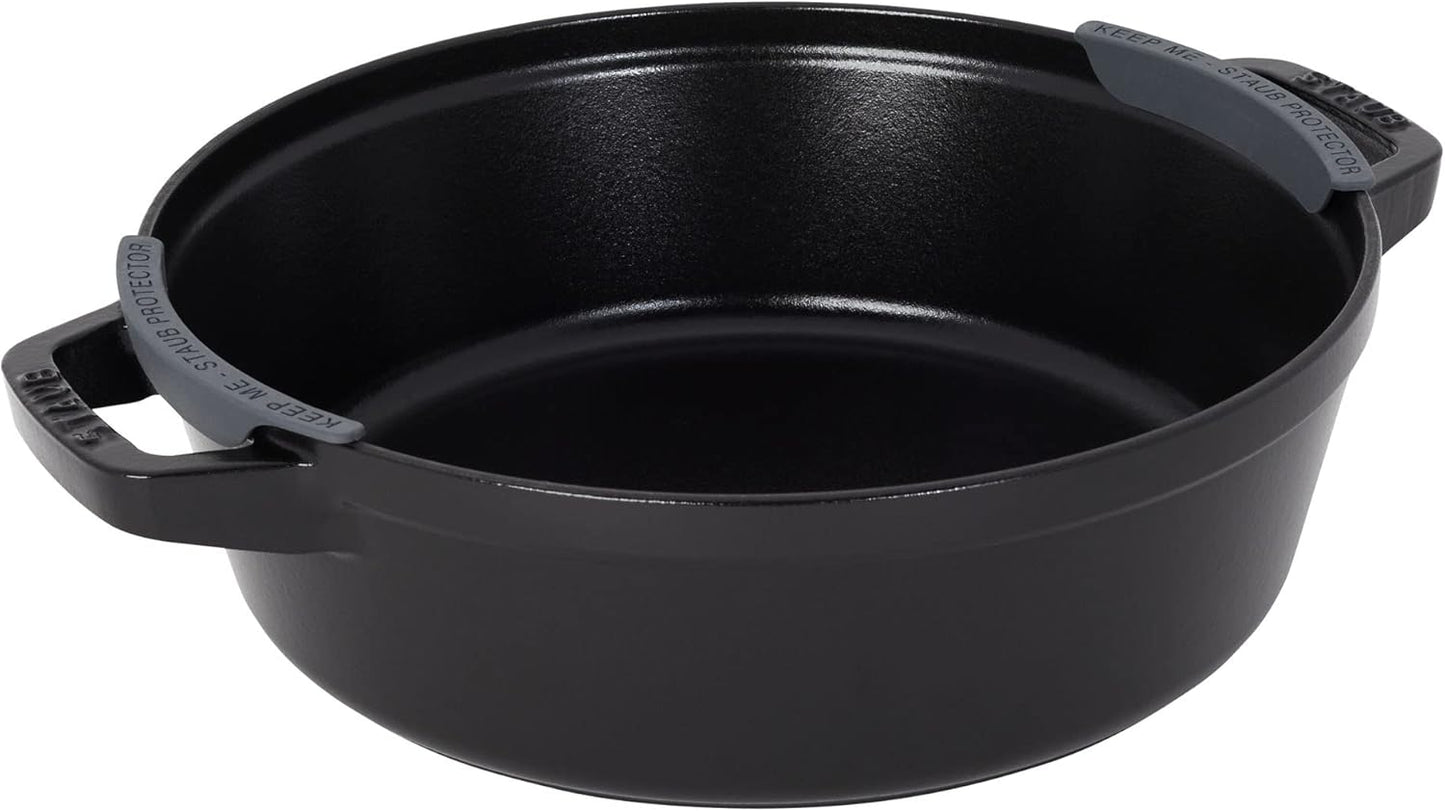 STAUB Cast Iron Set 4-pc, Stackable Space-Saving Cookware Set, Dutch Oven, Skillet, Grill Pan with Universal Lid, Made in France, Matte Black