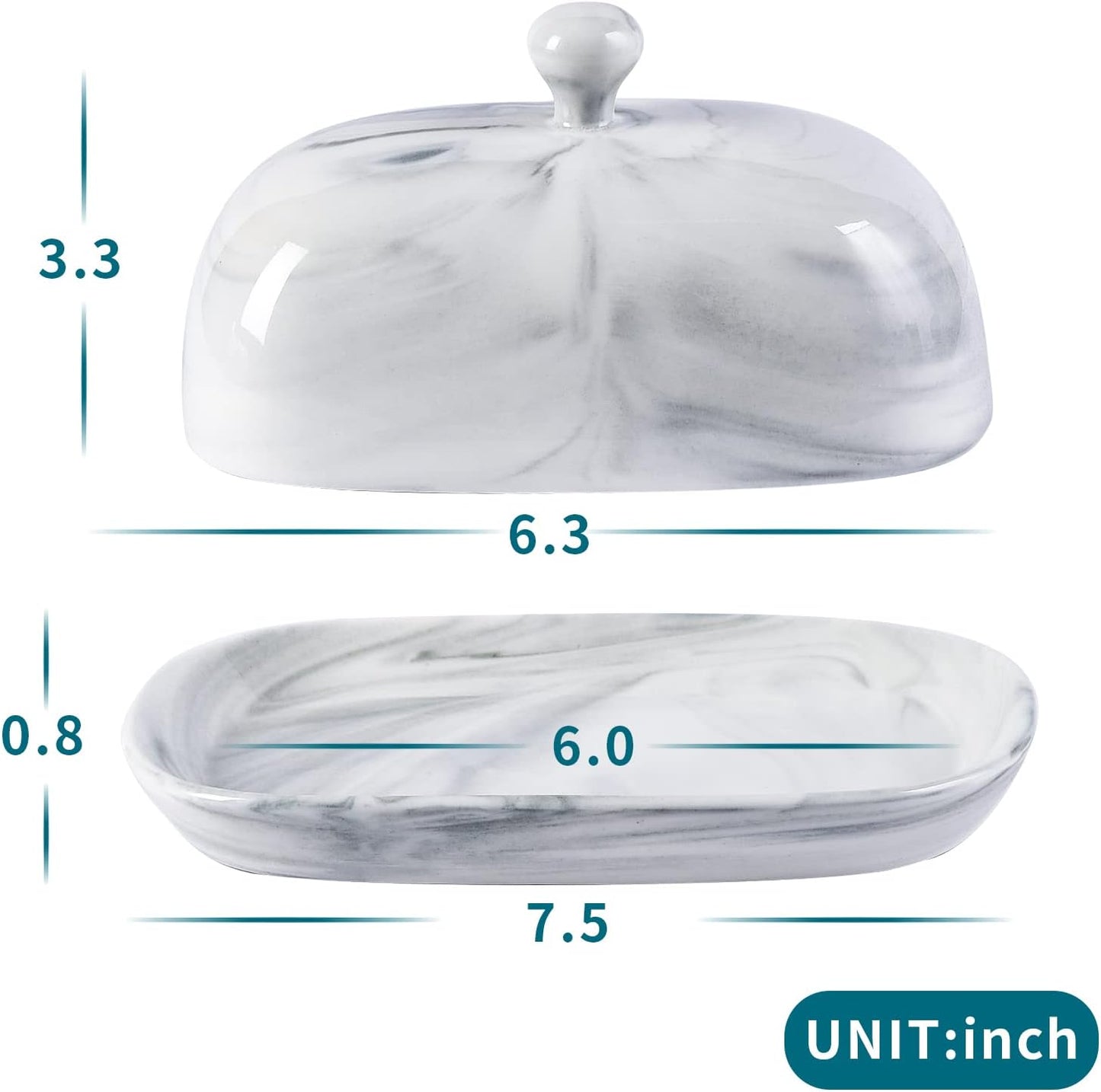 Yundu Grey Marble Butter Dish with Lid, Ceramics Butter Keeper Container, Perfect for East/West Butter