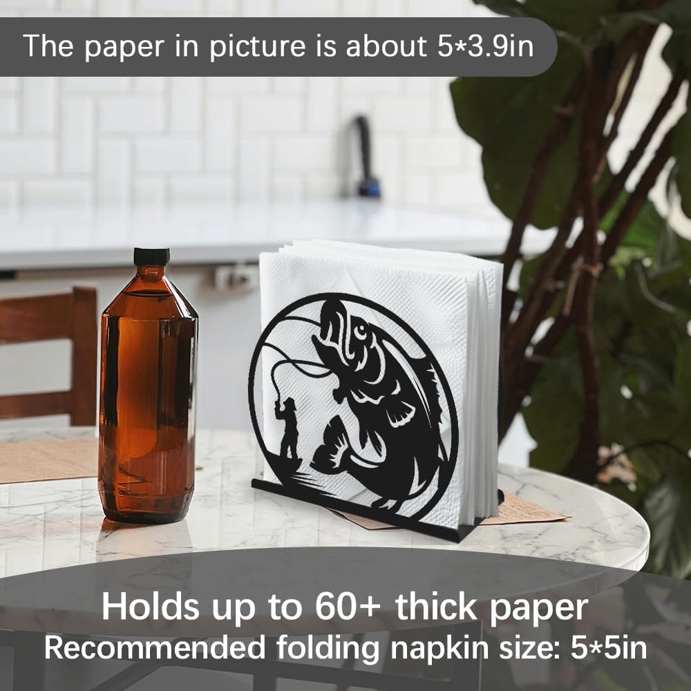 Fishing Decorative Black Metal Napkin Holder for Table, 5.3" x 4.9" x 1.9" Fisherman Fish Standing Napkin Holder for Home Kitchen Restaurant Picnic Party Coffee Bar Dining Room