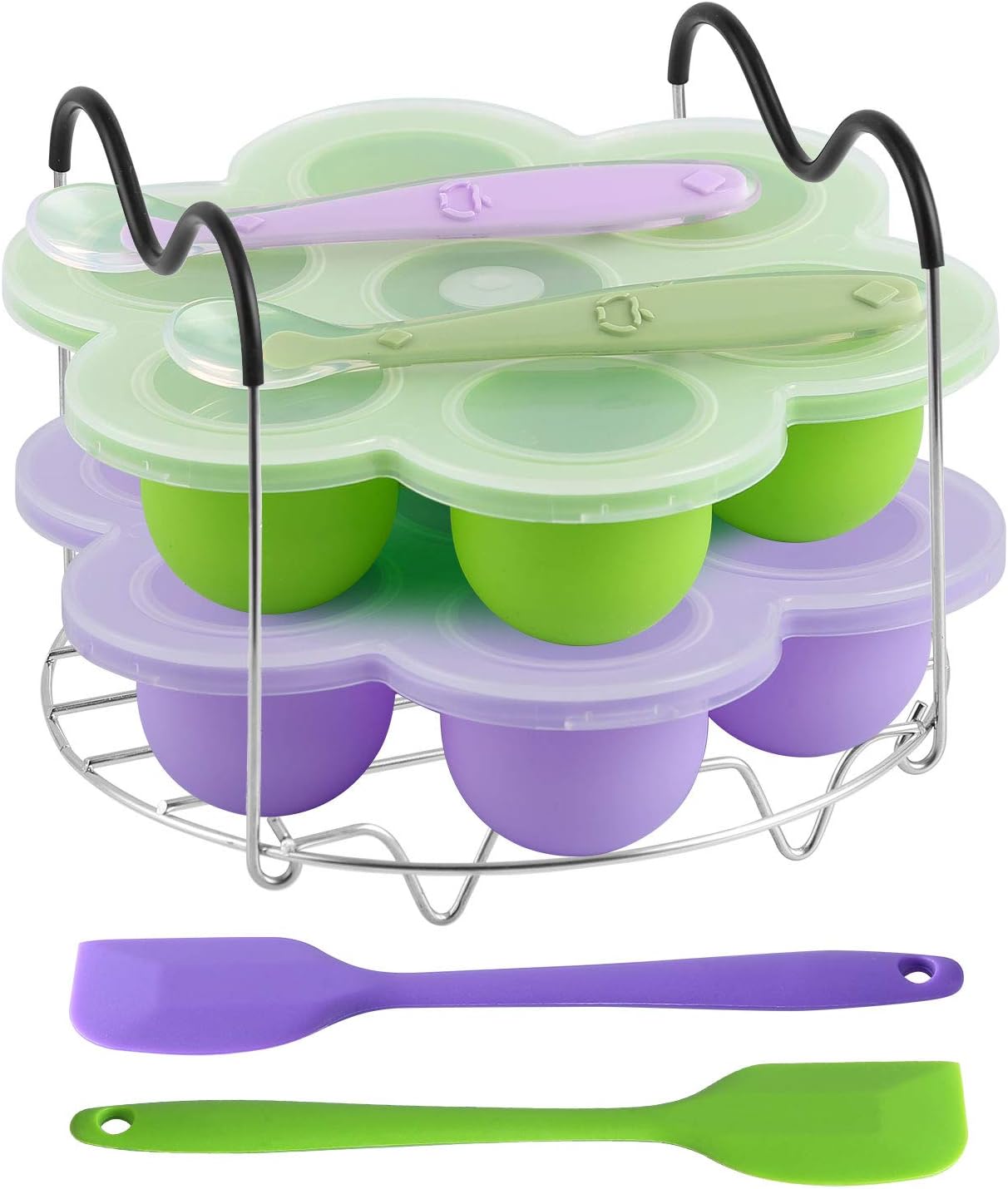 ROTTAY Silicone Egg Bites Molds and Steamer Rack Trivet with Heat Resistant Handles Fit Instant Pot Accessories, 7pcs set for 6qt & 8qt Electric Pressure Cooker With 2 Spoons and Silicone spatula
