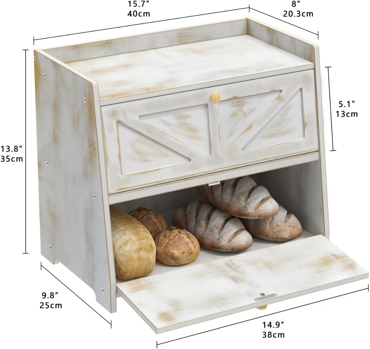 Vintage Double Layer Bread Box for Kitchen Counter Bamboo Bread Storage Container Large Capacity Bread Storage Bin (Antique White)
