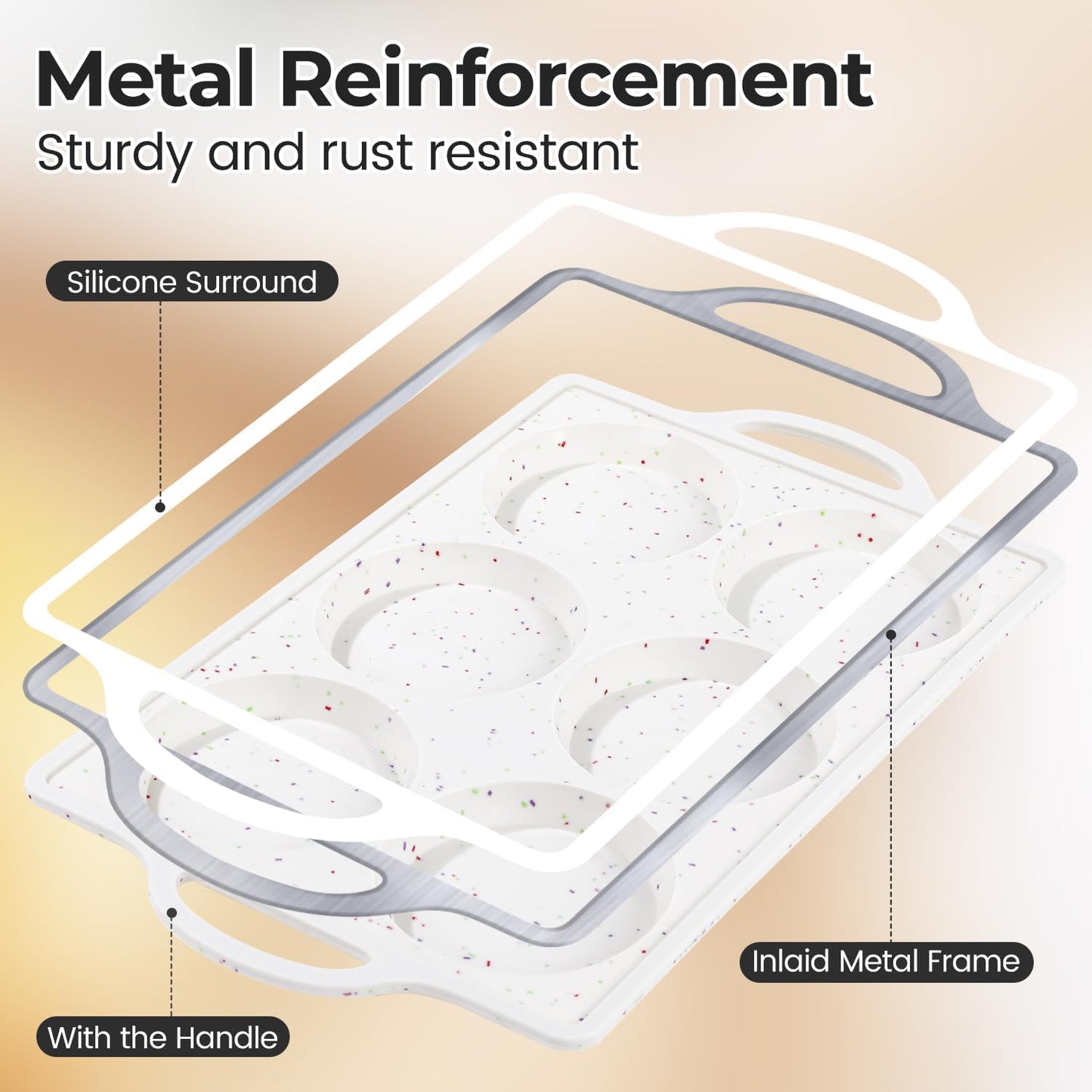 Muffin Top Pan Non Stick, 4 Inch Metal Frame Round Silicone Egg Baking Pan for Oven English Muffins, Whoopie Pies, Corn Bread, Egg Bites, Breakfast Sandwiches Tarts 3 Pack Confetti