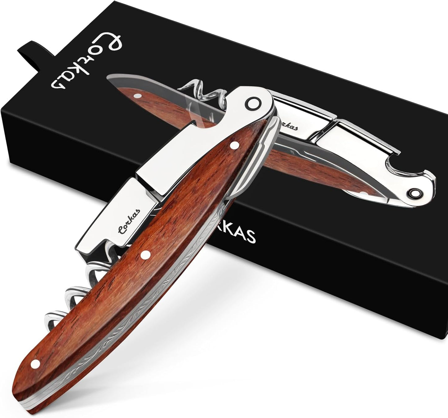 Wine Key - CORKAS Prestige Waiter Corkscrew with Rosewood Handle, Handcrafted Wine Opener Manual with Double Hinged, Foil Cutter and Bottle Opener, Ideal Gifts for Sommelier, Bartenders, Servers