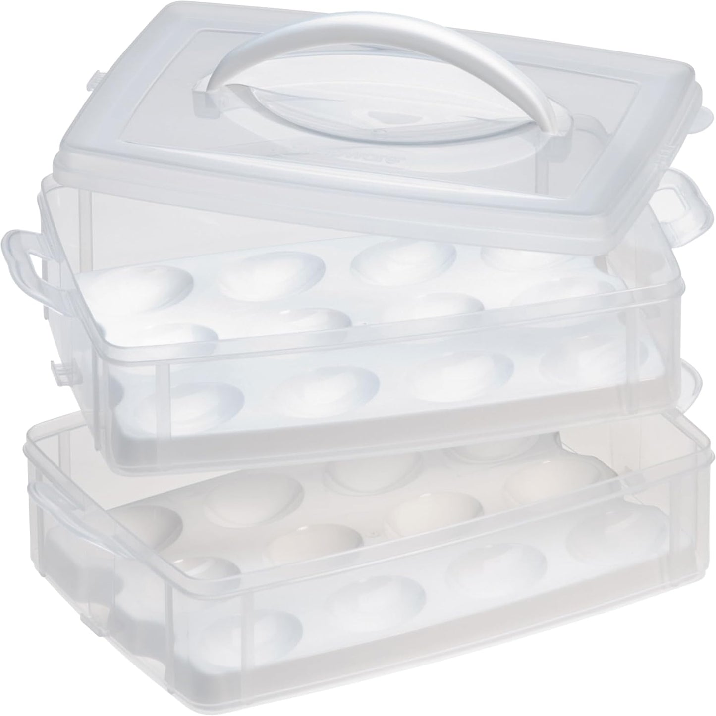 Snapware (2-Layer, 24 Eggs) Plastic Detachable Deviled Egg Carrier Storage Container With Lid and Handle, Freezer Dishwasher Microwave Safe