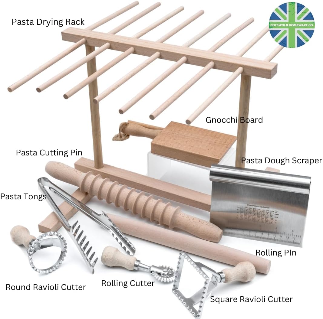 Ultimate 9 Pcs Pasta Making Tool Set Pasta Drying Rack, Pasta Tongs, Two Ravioli Stamp Maker Cutter And Roller Wheel Set, Two Pasta Rolling Pins, Gnocchi Board and Scraper By Cotswold Homeware Co