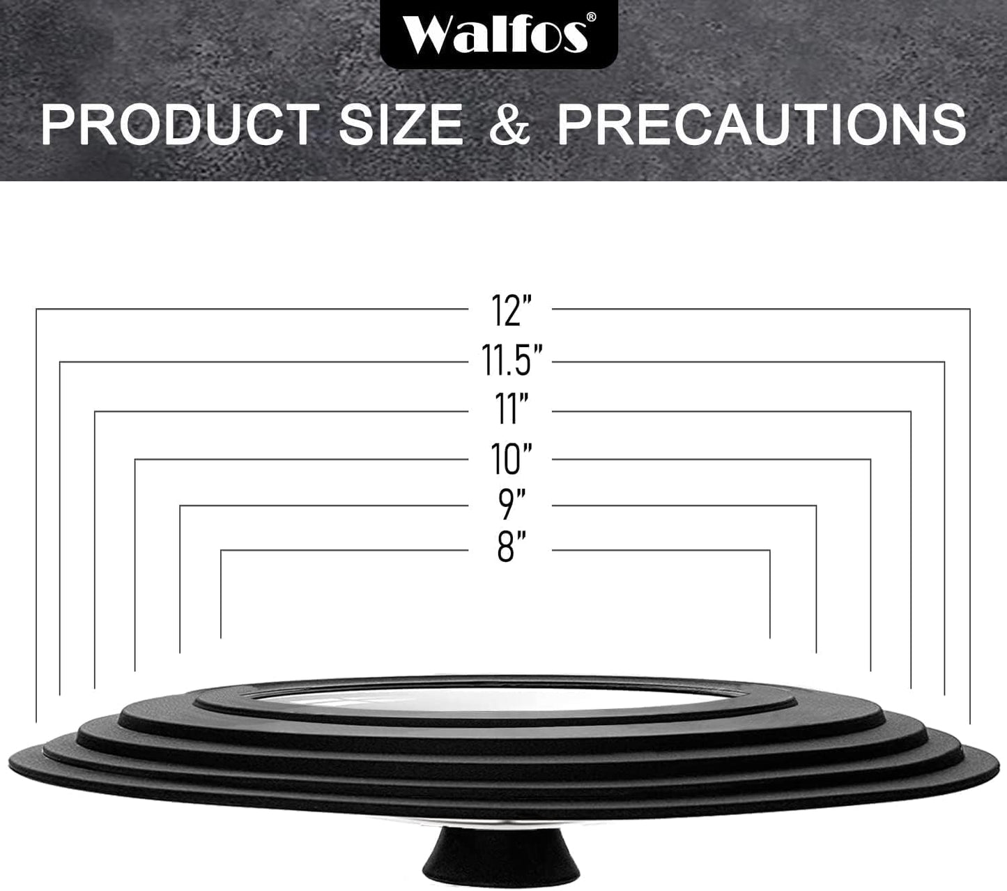 Walfos Universal Pan Lid - Pot Lid for Pots, Pans and Skillets, with Unique Enlarged Heat Resistant Silicone Rim and Tempered Glass, Fits 8" to 12" Diameter Cookware, BPA Free (1 Piece)