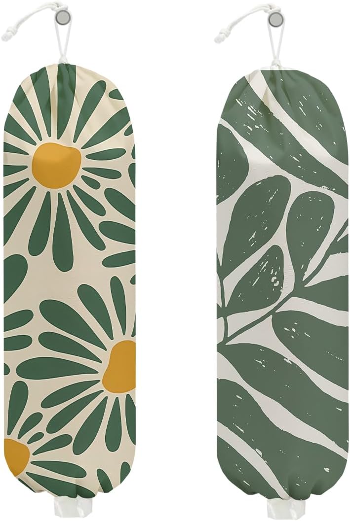 2 Pcs Botanical Plastic Bag Holder, Wall Mount Grocery Bag Holder for Plastic Storage bag, Washable Floral Grocery Bags Organizer Storage Dispenser, Pull Rope Free Adjustment, Flower Gifts for Women