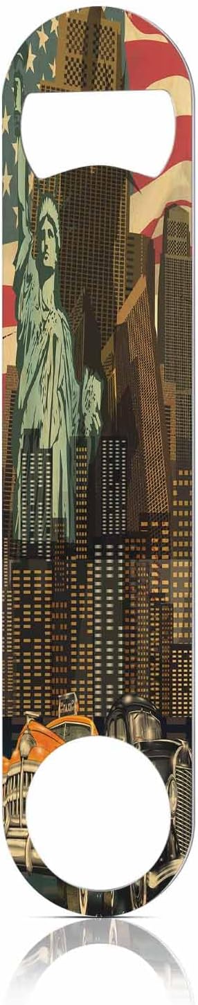 Vintage America Flag Stainless Steel Bottle Opener Auto Skyscraper Travel Freedom Landmark Flat Beer Bottle Opener Keychain for Home Kitchen Bar Restaurant Party Birthday Gift