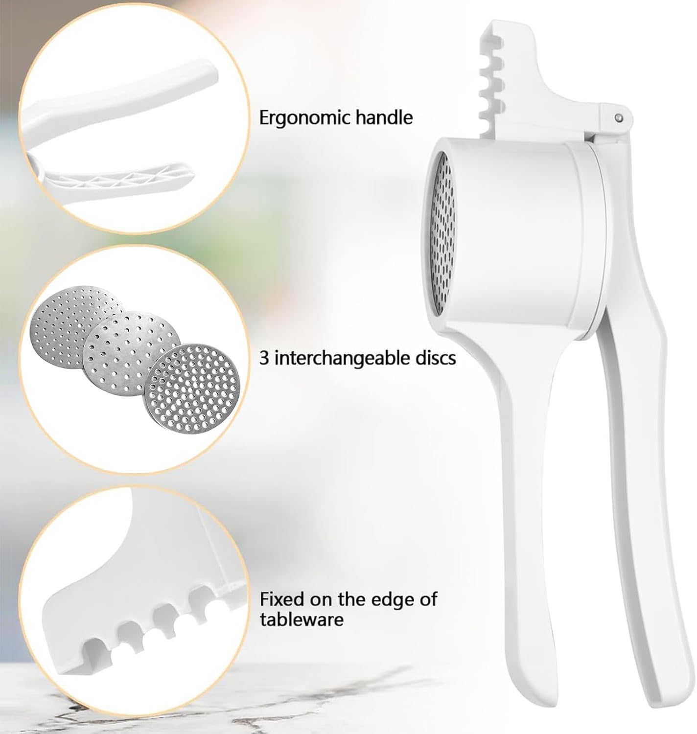 Potato Ricer and Masher with 3 Interchangeable Discs, Stainless Steel Discs, Large Capacity Potato Masher Kitchen Tool Labor-saving Handle Great for Baby Food and juices