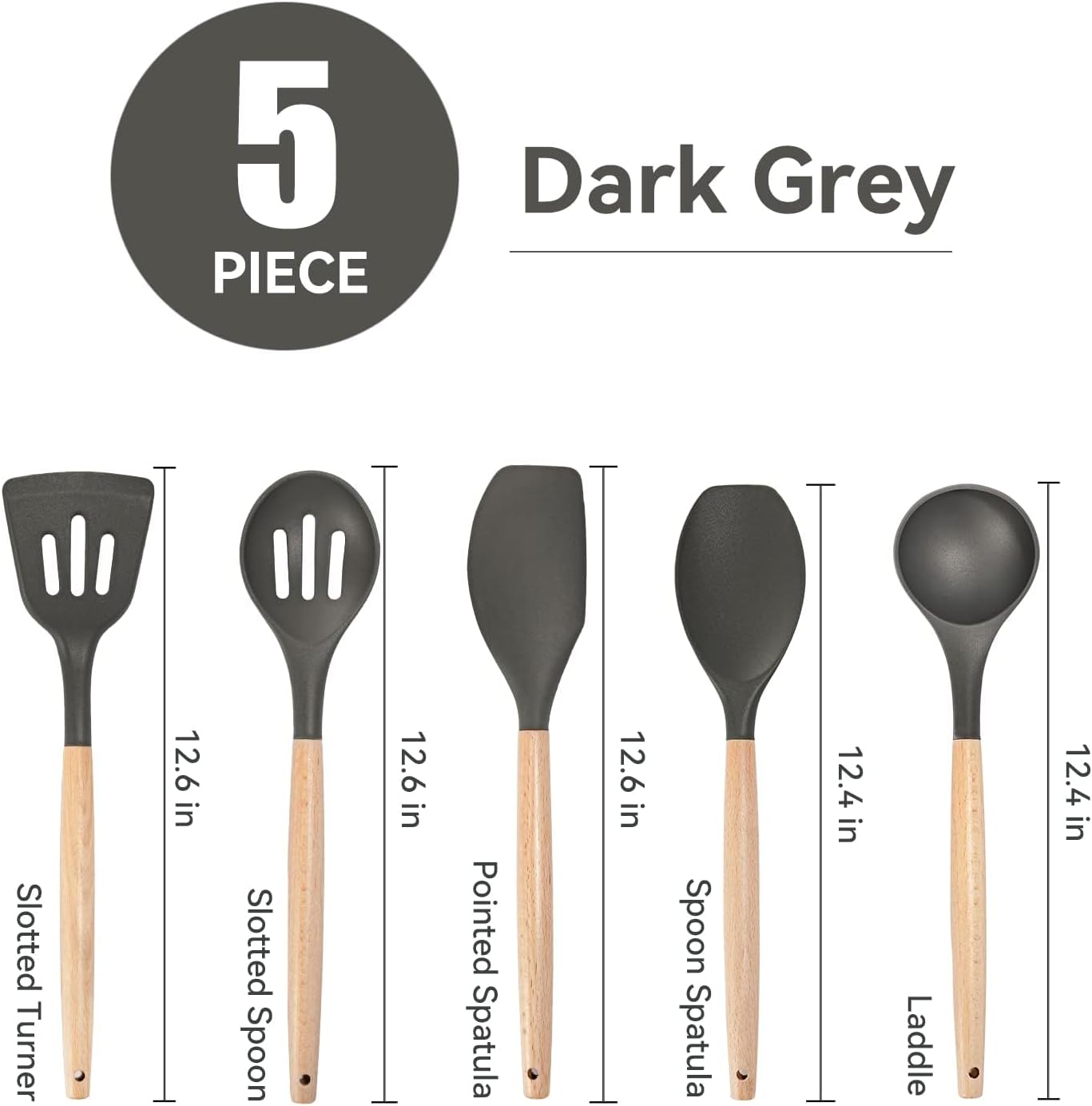 Non-Stick Silicone Cooking Utensils Set, 5 Pcs with Wooden Handle, Heat Resistant Silicone Kitchen Gadgets (Gray)