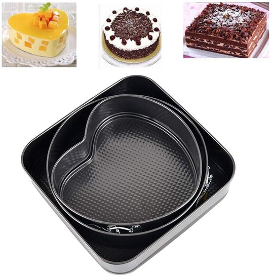 Falytemow Nonstick Springform Pan with Removable Bottom 3 Pieces Cake Molds of Heart Round Square Leakproof Cheesecakes Pan Bakeware Set