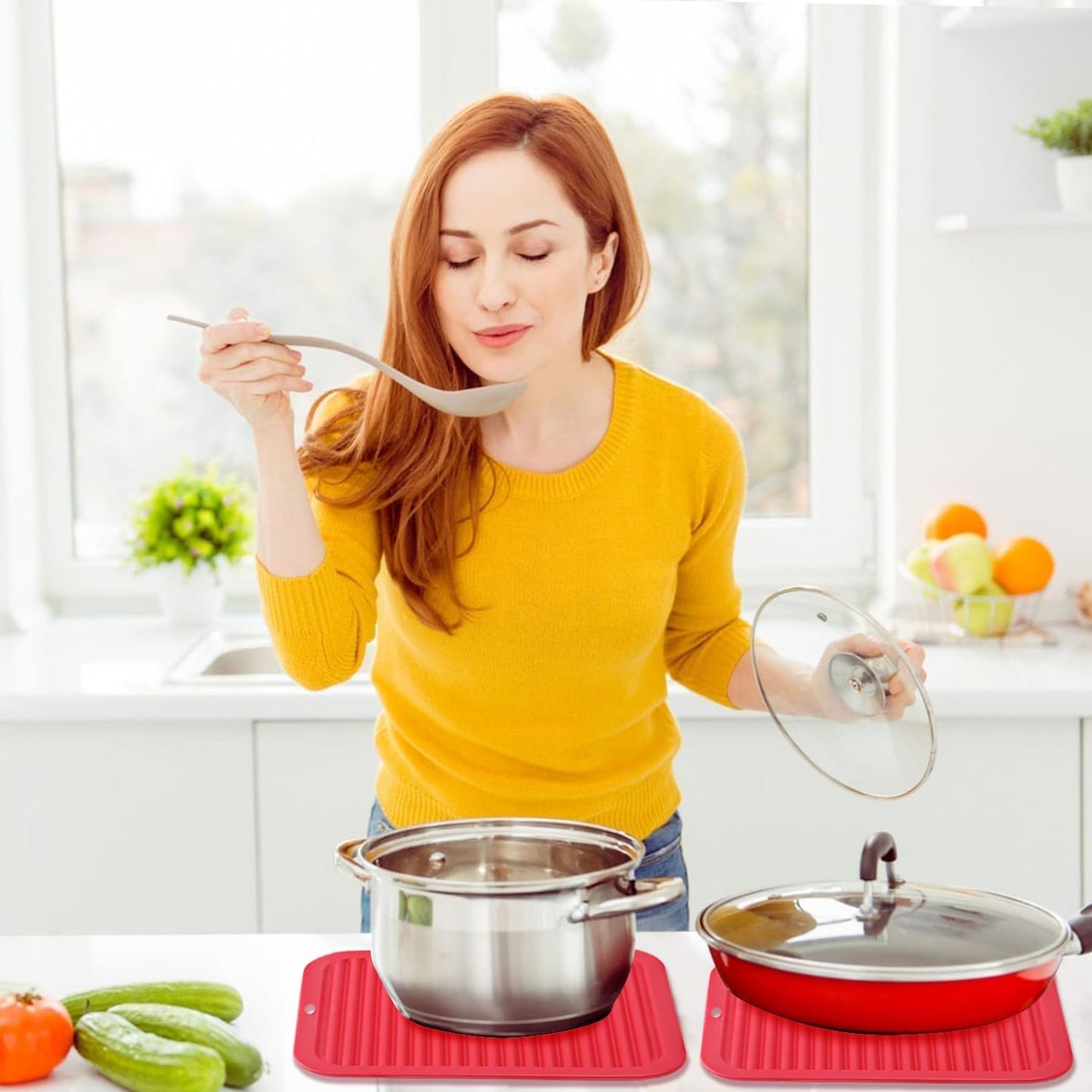 2 Pack Silicone Trivets - Heat Resistant Non-Slip Flexible Pot Holders for Hot Dishes & Pans - Red Silicone Trivet Mat Dish Drying Mat Spoon Rest, 9x12 in