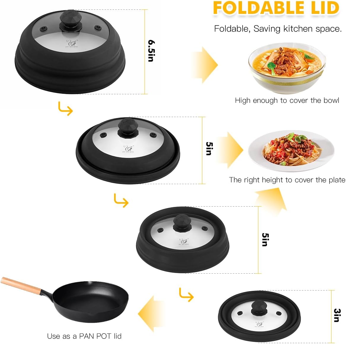 Microwave Splatter Cover Vented Glass Cover Splatter Guard Lid with Collapsible Silicone for Food as Pot Cover Plate Cover 10.8 inch for 6 7 8 9 10 inch Plate Bowl Black