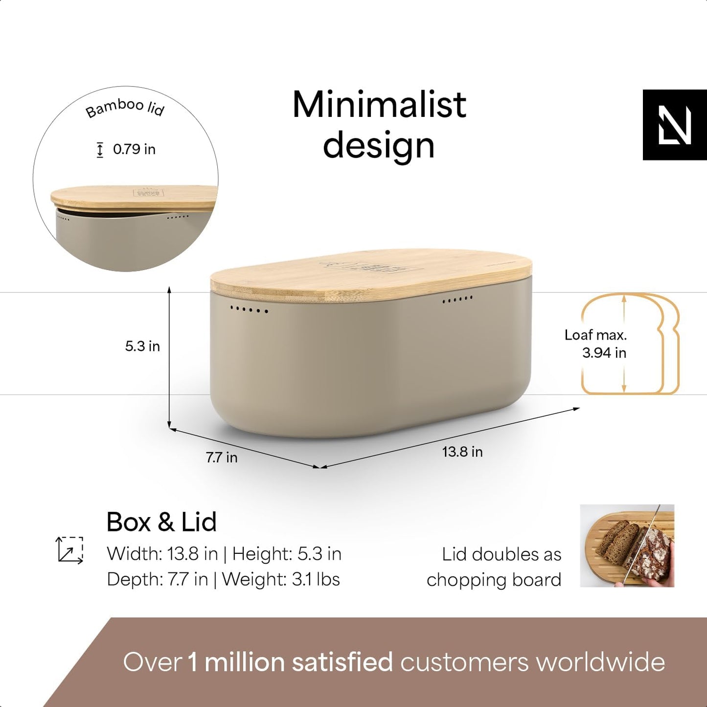 LARS NYSØM Bread Box I Metal Box with linen bag for long lasting freshness I Bread Bin with bamboo lid usable as cutting board I 14.2x7.5x5.1 In (Taupe Brown)