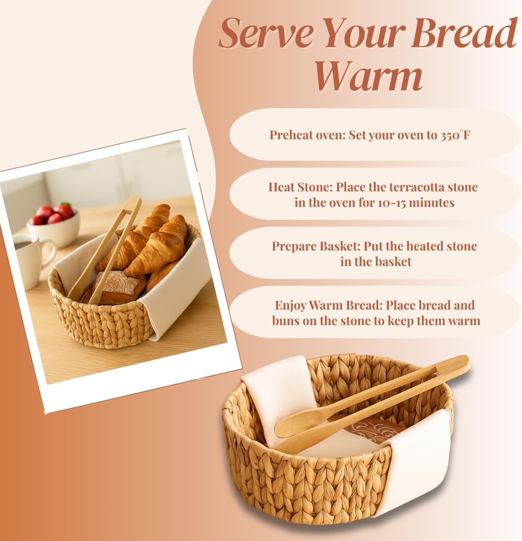 Bread Warmer Basket with Stone - Tortilla Warmer - Bread Baskets for Serving- 11.8x9x4.72 Inches - House Warming Gifts