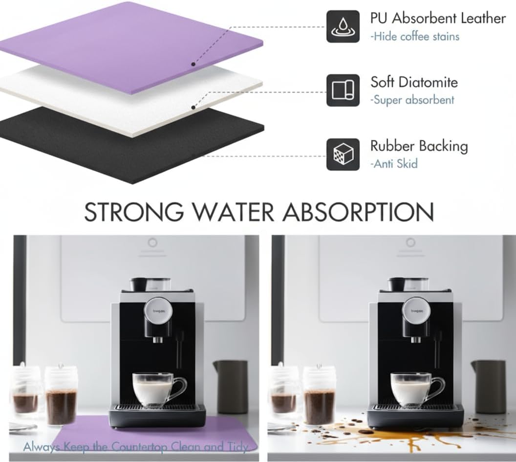 Dish Drying Mat Super Absorbent – 16" x 18" Coffee Mat for Countertops – Non-Slip Drying Mat for Kitchen Counter – Easy to Clean Water Absorbent Mat – Large Dish Drying Mats (Lavender)