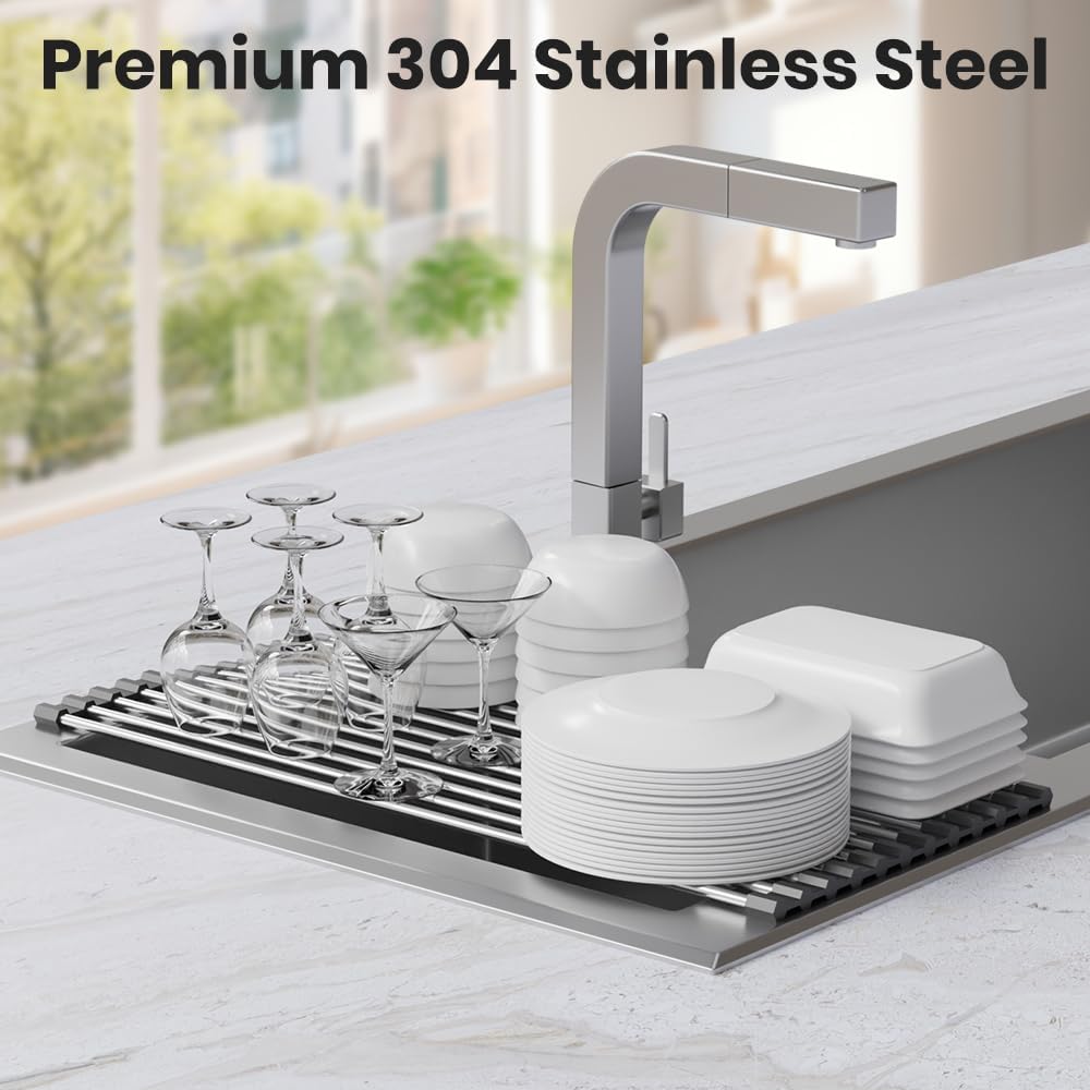 Roll Up Dish Drying Rack, Stainless Kitchen Accessories, Foldable Dish Rack, Anti-Slip Design Sink Counter Storage, Over The Sink Dish Rack, Stainless Steel, (21" x 9.1") Black