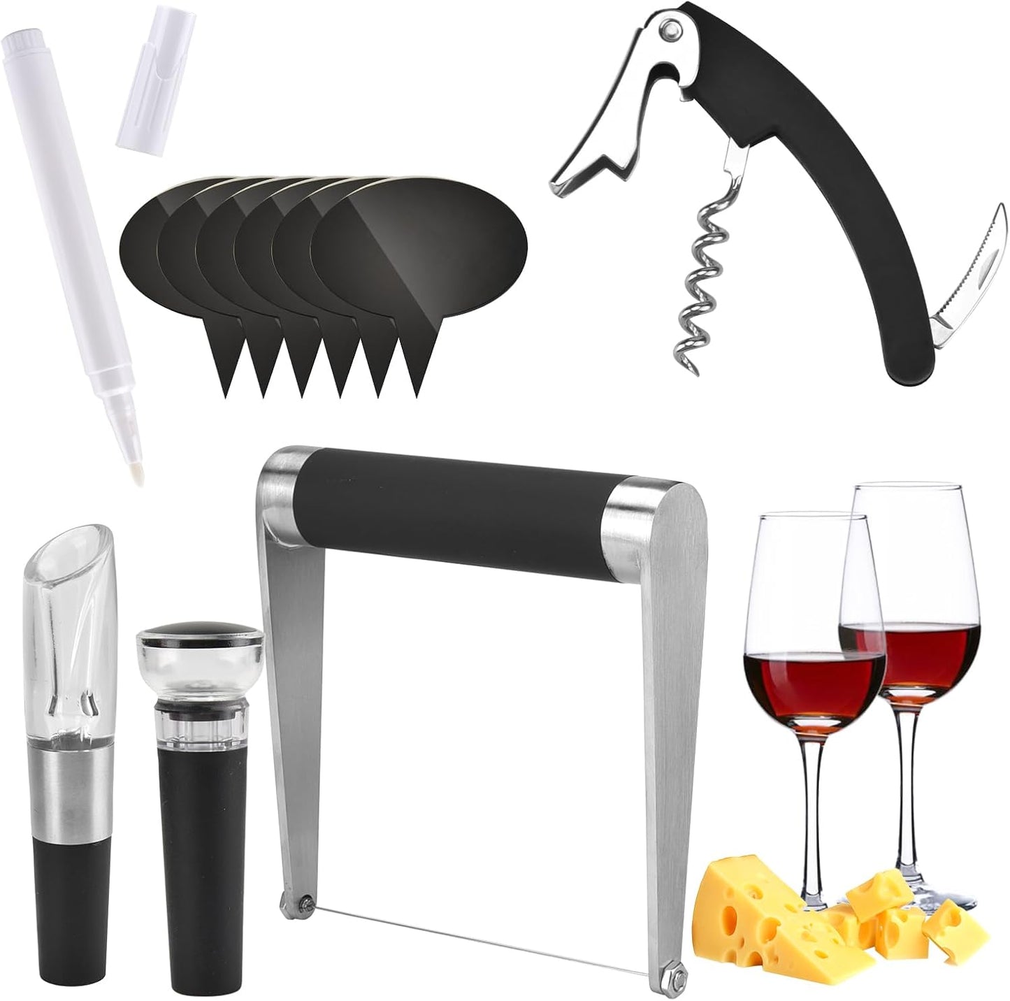 Guowall 10pcs Stainless Steel Cheese Wire Slicer Hand Held Butter Cutter Kitchen Manual Tool with Wine Opener Stopper Pourer Accessories