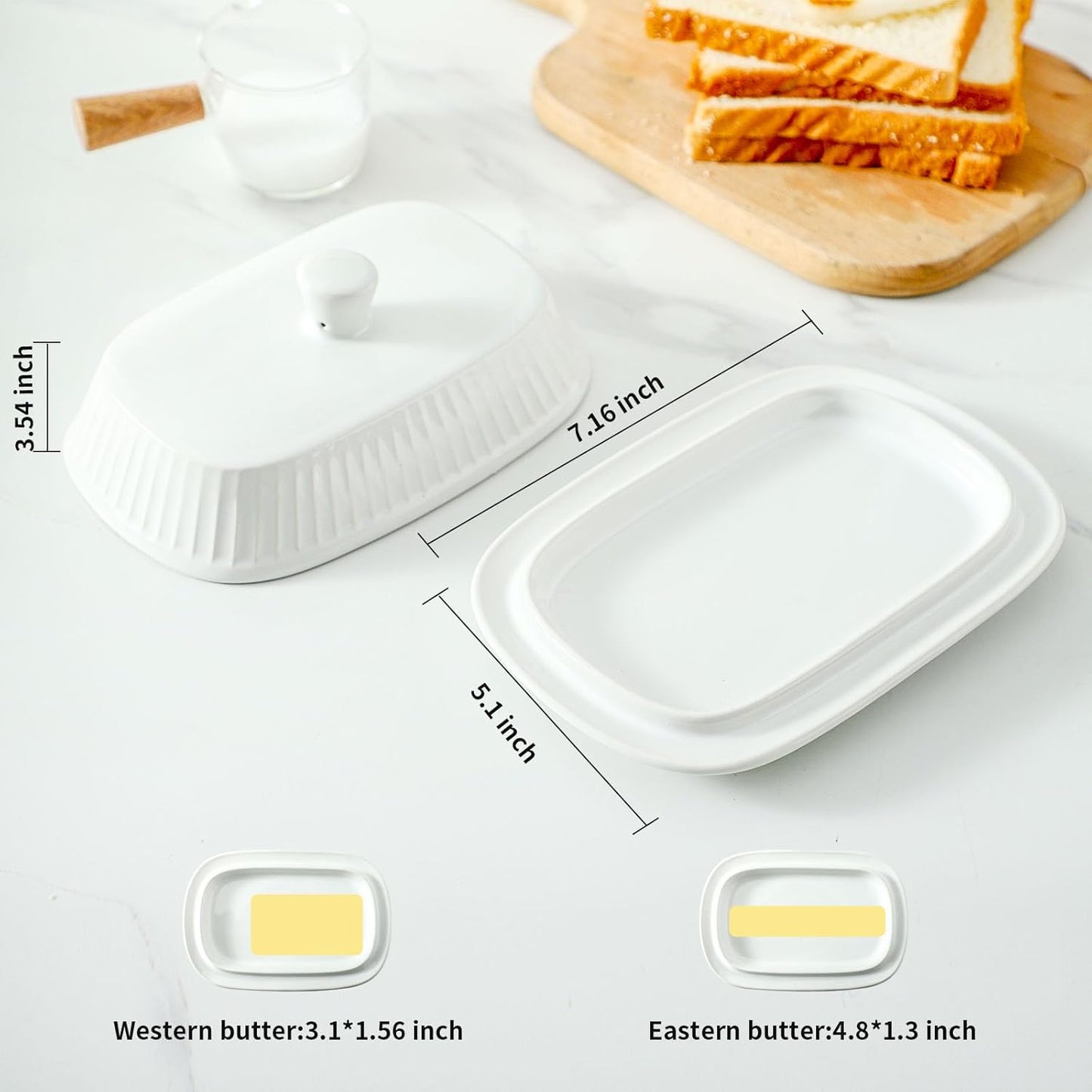 Hansense Porcelain Butter Dish with Lid for Countertop, Ceramic Butter Keeper with Handle Cover, Butter Holder Container Perfect for East and West Coast Butter, Dishwahser Safe, White