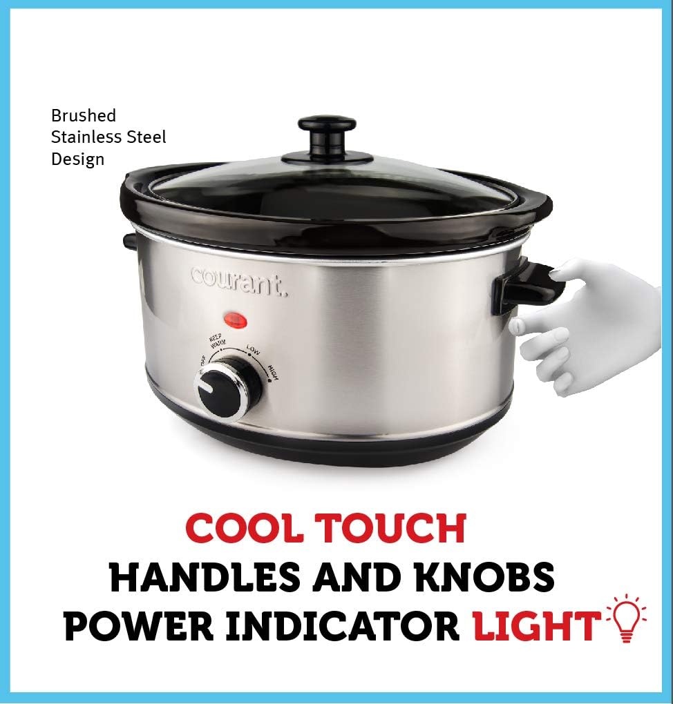 Courant Oval Slow Cooker Crock, with Easy Options 3.5 Quart Dishwasher Safe Pot, Stainless Steel