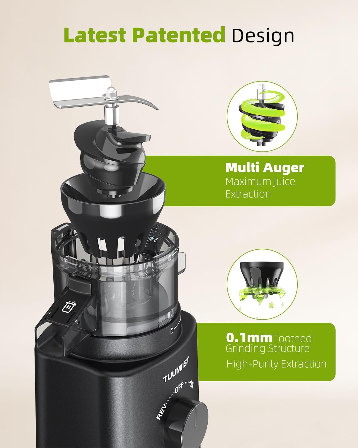 Juicer Machines, TUUMIIST Cold Press Juicer with 4.6'' Large Feed Chute Fit Whole Vegetable And Fruit, Masticating Juicer Easy To Clean, Black