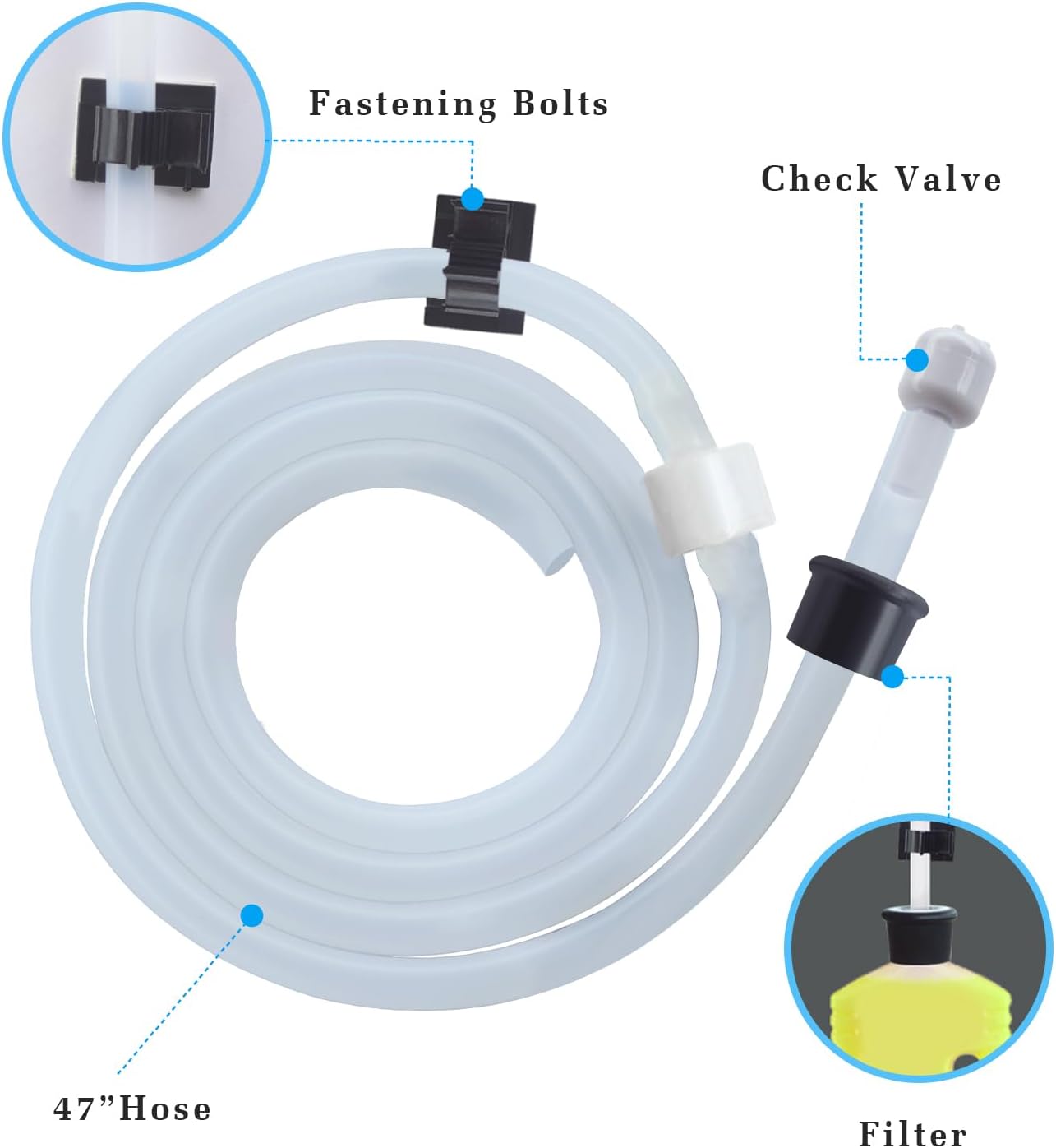 Soap Dispenser Extension Tube kit 47” with Upgraded Check Valve, Silicone Tube, Not Easy to Bend, Fit Most Soap Containers, No Need to Fill The Little Bottle Again White