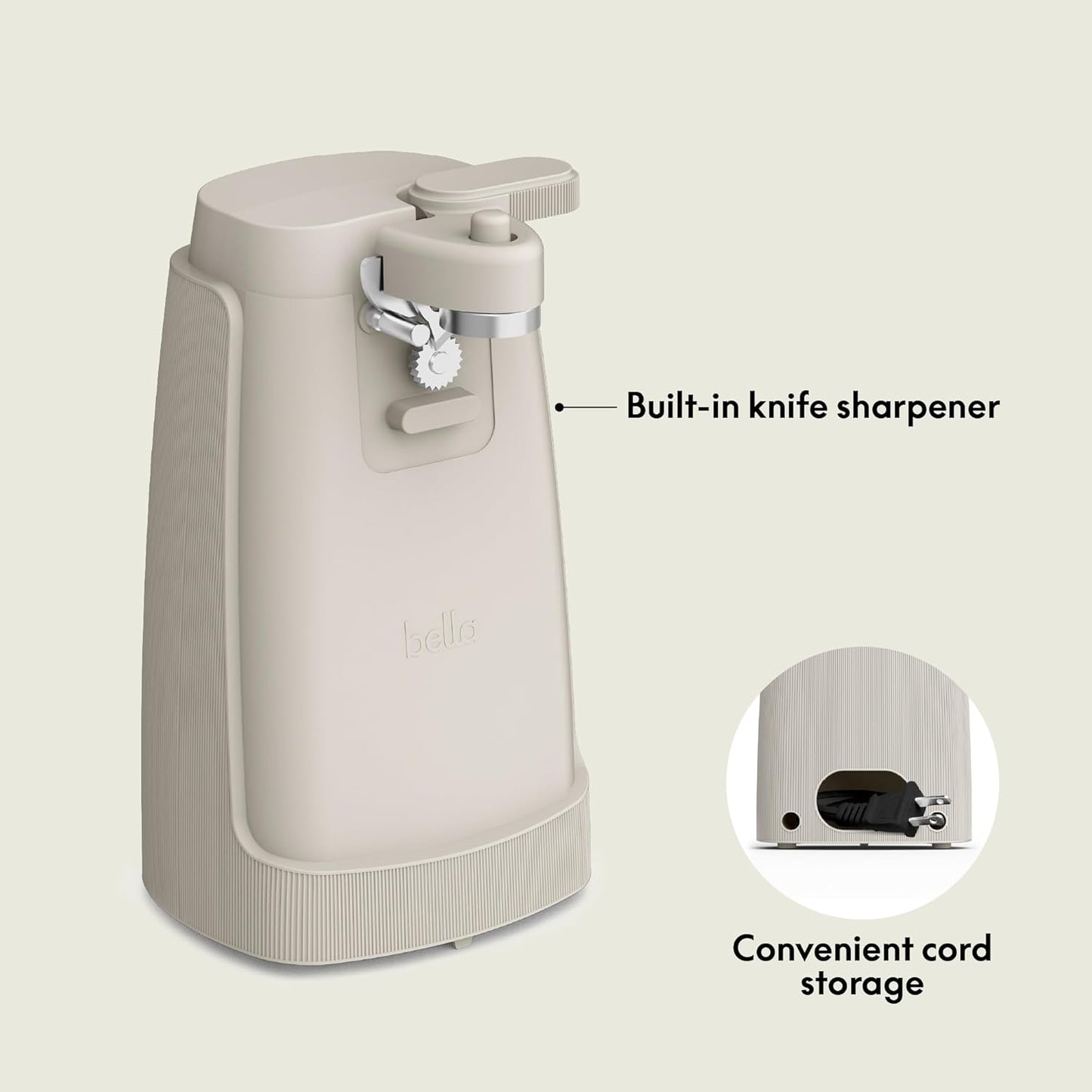 bella Electric Can Opener and Knife Sharpener, Multifunctional Jar and Bottle Opener with Removable Cutting Lever and Cord Storage, Stainless Steel Blade, Oatmilk