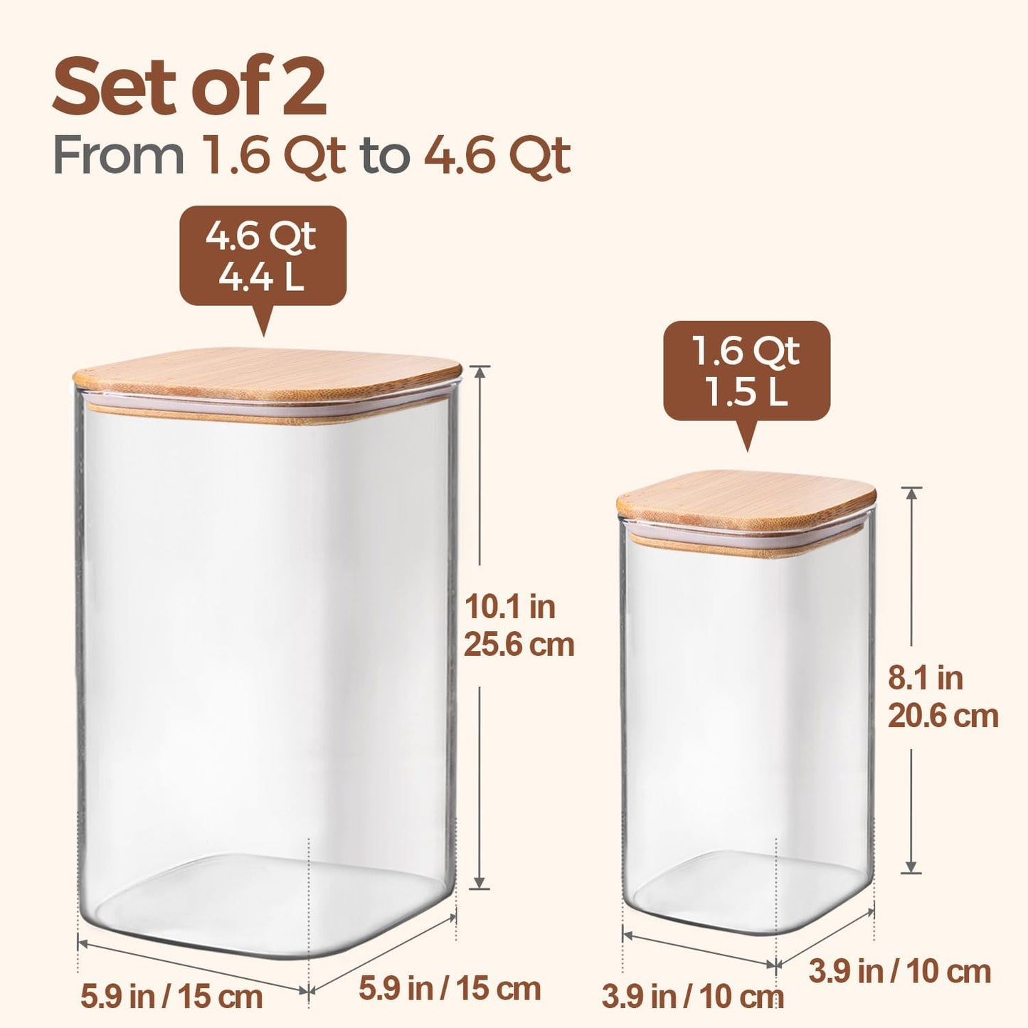 ComSaf Glass Pantry Storage Containers, 4.6Qt/1.6Qt Large Square Flour and Sugar Containers with Airtight Lids, 1.2 Gallon Glass Jars with Bamboo Lids for Rice, Pasta, Cookies, Coffee Beans